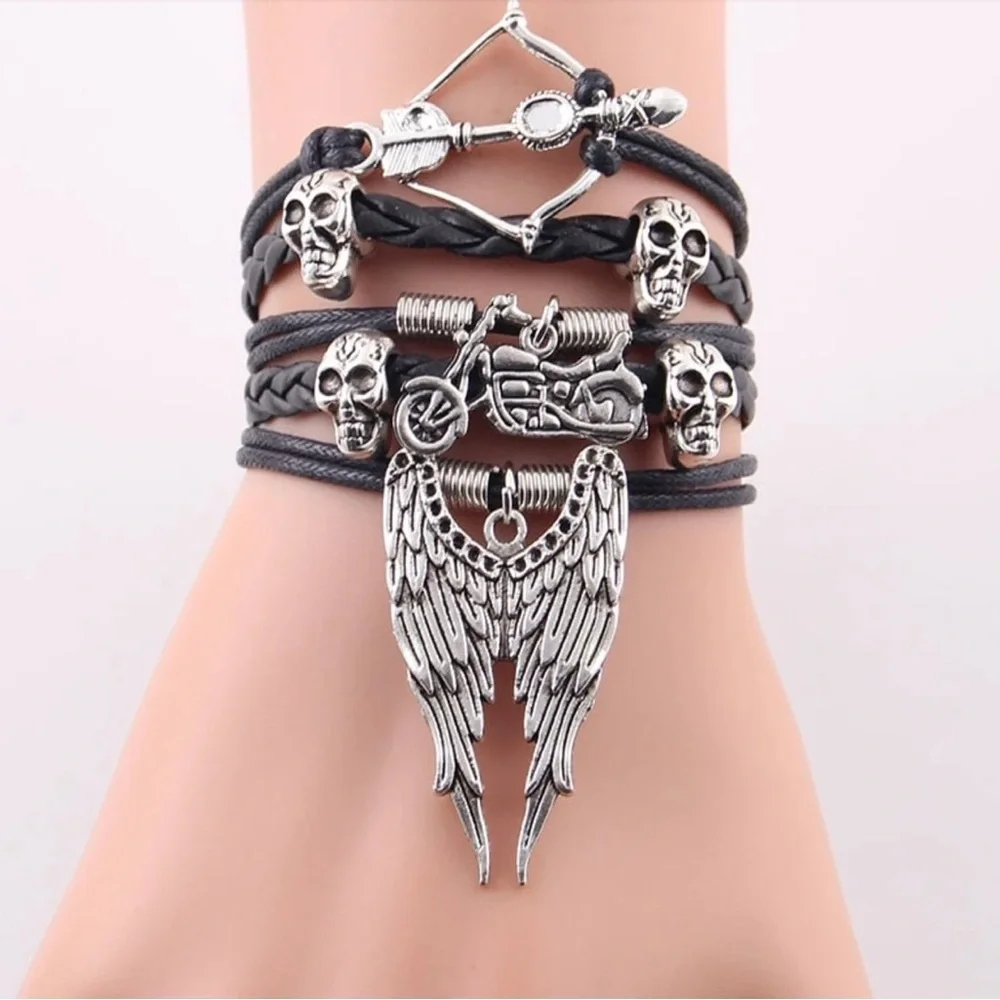 Punk Men Bracelet Arrow Skull Angel Wing Biker Charm PU Leather wrap bracelet